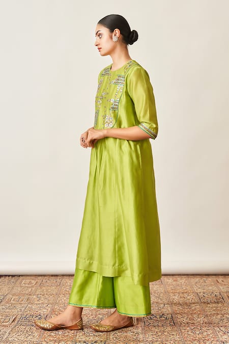 Vaaya_Lime Silk, Embroidery, Gota Patti, The Green Kurta Set _Online_at_Aza_Fashions