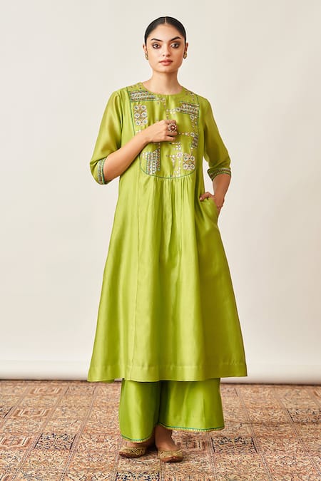 Shop_Vaaya_Lime Silk, Embroidery, Gota Patti, The Green Kurta Set _Online_at_Aza_Fashions