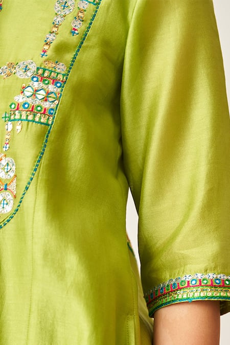 Vaaya_Lime Silk, Embroidery, Gota Patti, The Green Kurta Set _at_Aza_Fashions
