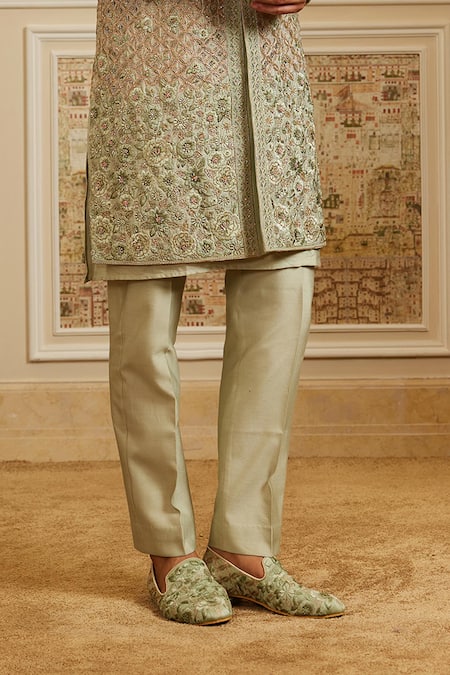 Roqa_Green Silk, Cotton Embroidery Afshin Sherwani Set _Online_at_Aza_Fashions