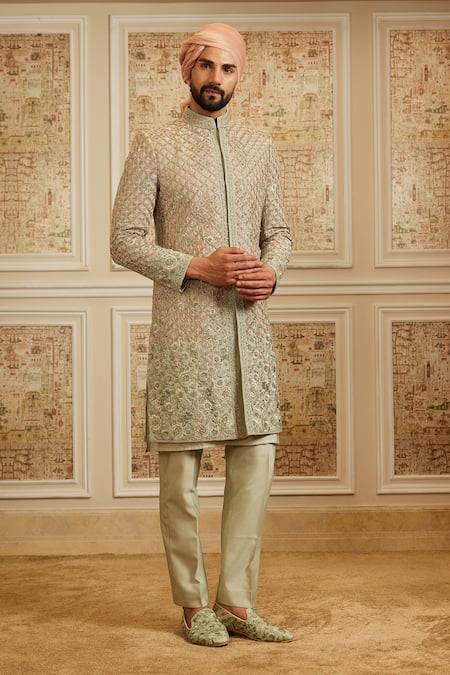 Roqa Green Silk, Cotton Embroidery Afshin Sherwani Set 