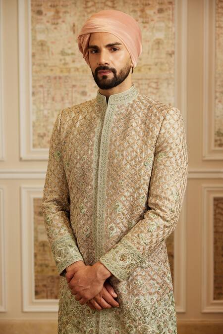 Buy_Roqa_Green Silk, Cotton Embroidery Afshin Sherwani Set _Online_at_Aza_Fashions