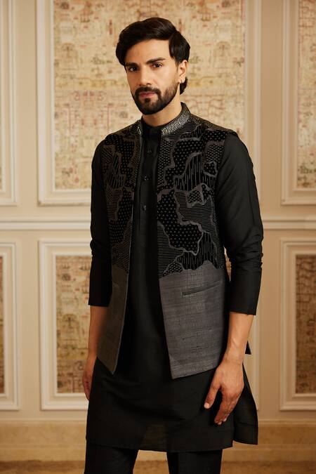 Buy_Roqa_Black Silk, Cotton Embroidery Adel Bundi Kurta Set _Online_at_Aza_Fashions