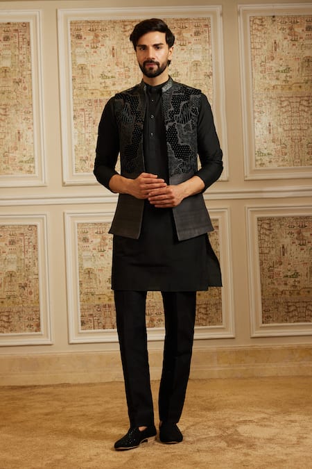 Roqa Black Silk, Cotton Embroidery Adel Bundi Kurta Set 
