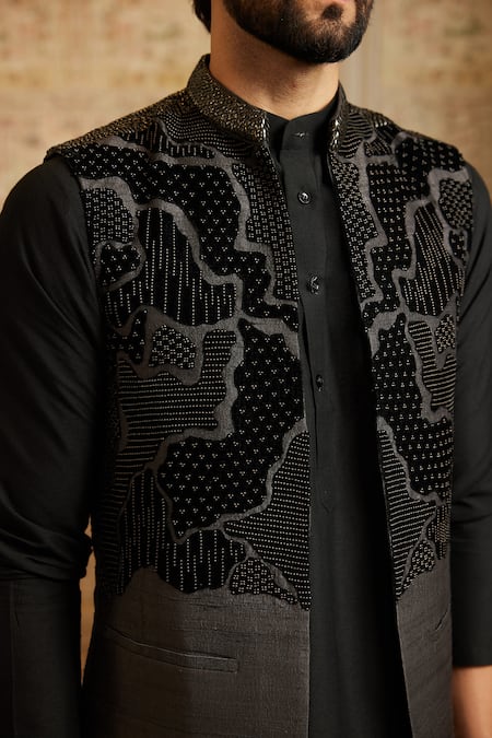 Shop_Roqa_Black Silk, Cotton Embroidery Adel Bundi Kurta Set _Online_at_Aza_Fashions