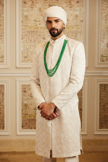 Roqa_Ivory Silk, Cotton Embroidery Farzaan Sherwani Set _Online_at_Aza_Fashions