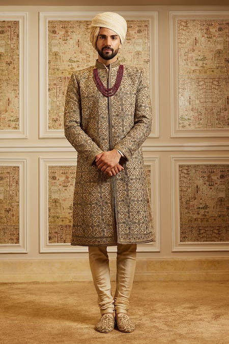 Roqa Gold Silk, Cotton Embroidery, Zari Nawaaz Zardozi Work Sherwani Set 