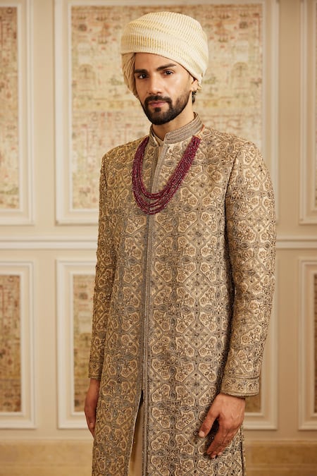 Roqa_Gold Silk, Cotton Embroidery, Zari Nawaaz Zardozi Work Sherwani Set _Online_at_Aza_Fashions