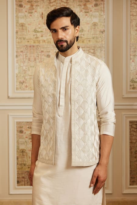 Buy_Roqa_Ivory Silk, Cotton Embroidery Armin Bundi Kurta Set _Online_at_Aza_Fashions