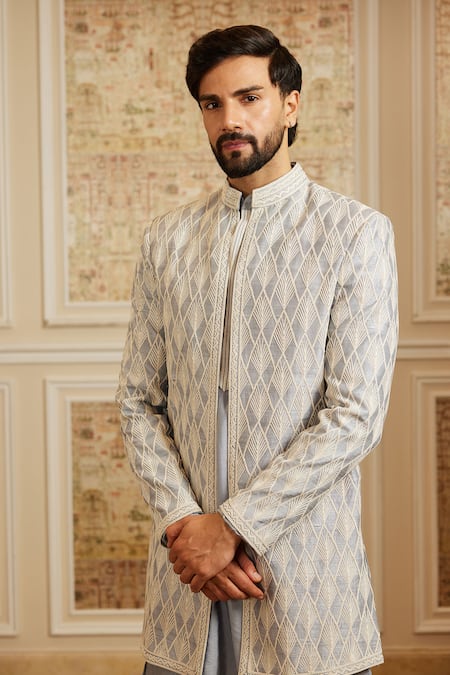 Roqa_Blue Silk, Cotton Embroidery Kourosh Bandhgala Kurta Set _Online_at_Aza_Fashions