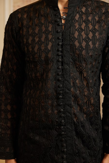 Roqa_Black Organza, Cotton, Silk Embroidery Rahi Sheer Kurta Set _Online_at_Aza_Fashions