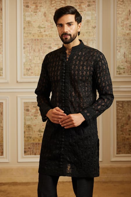 Buy_Roqa_Black Organza, Cotton, Silk Embroidery Rahi Sheer Kurta Set _Online_at_Aza_Fashions