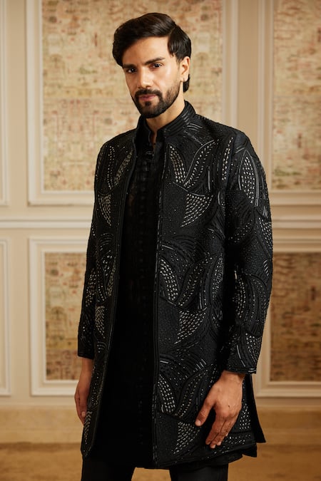 Roqa_Black Silk, Cotton Embroidery Kavyan Bandhgala Kurta Set _Online_at_Aza_Fashions