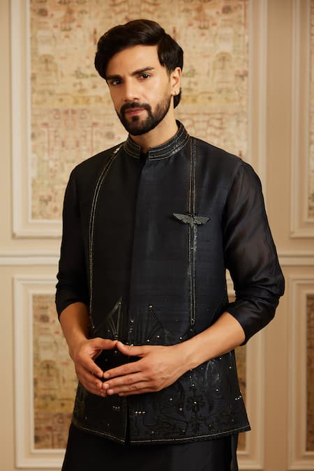 Buy_Roqa_Black Silk, Cotton Embroidery Rehaan Bundi Kurta Set _Online_at_Aza_Fashions