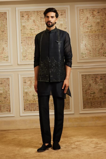 Roqa Black Silk, Cotton Embroidery Rehaan Bundi Kurta Set 