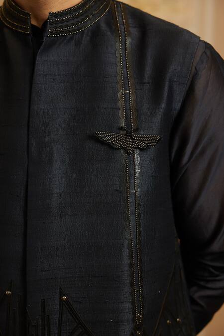 Shop_Roqa_Black Silk, Cotton Embroidery Rehaan Bundi Kurta Set _Online_at_Aza_Fashions