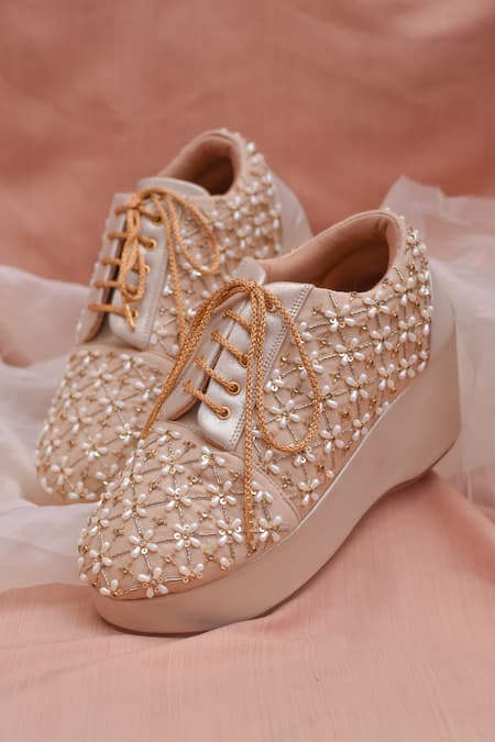 Around Always Aarzu Pearl & Sequin Embellished Sneaker Wedges 