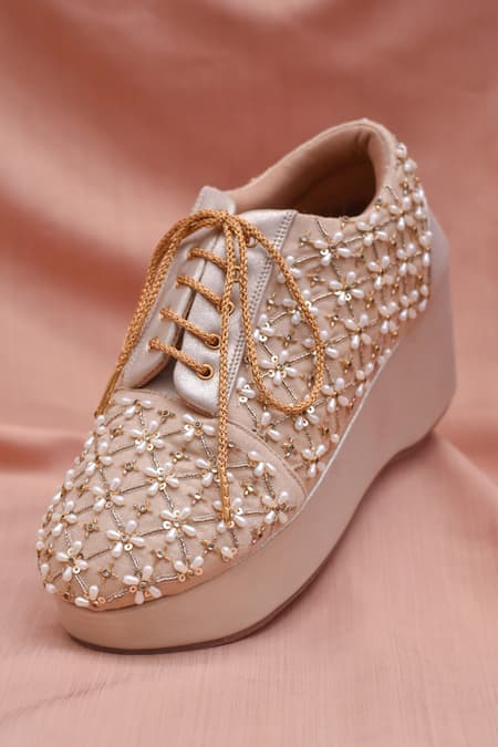 Around Always Aarzu Pearl & Sequin Embellished Sneaker Wedges 