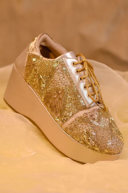 Around Always Amyra Golden Beads & Sequins Embellished Sneaker Wedges 