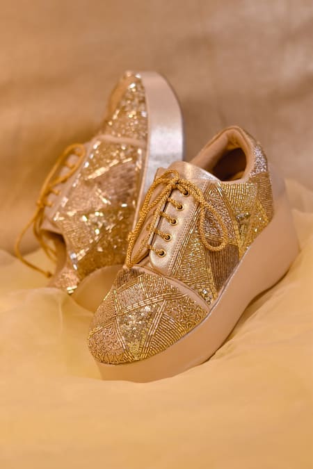 Around Always Amyra Golden Beads & Sequins Embellished Sneaker Wedges 