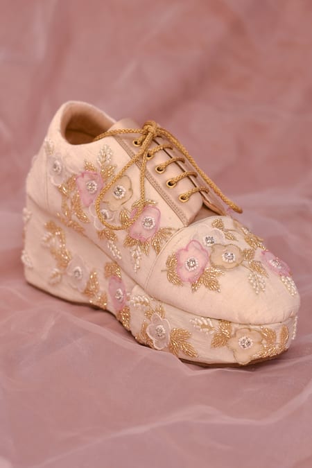 Around Always_Off White Dream 3d Floral Embroidered Sneaker Wedges _Online_at_Aza_Fashions