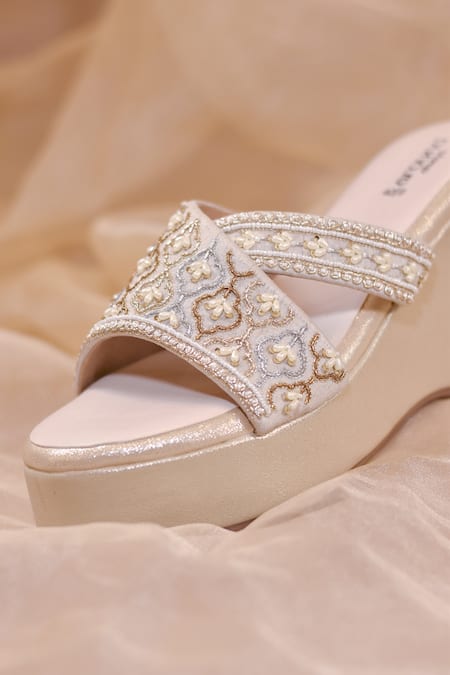 Around Always_Gold Embroidery, Beads Falak Geometric Jaali Threadwork Platform Wedges _Online_at_Aza_Fashions