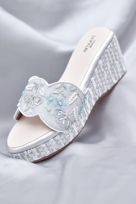 Shop Around Always Silver Sequins, Beads, Embroidery Jade Textured Wedges With Aqua 3d Petals at Aza Fashions Shop_Around Always_Silver Sequins, Beads, Embroidery Jade Textured Wedges With Aqua 3d Petals _at_Aza_Fashions