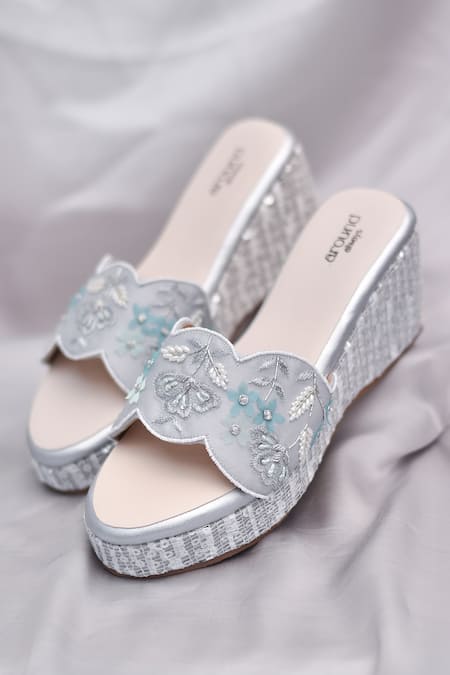 Around Always Silver Sequins, Beads, Embroidery Jade Textured Wedges With Aqua 3d Petals 