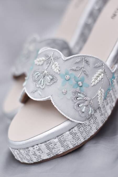 Around Always Silver Sequins, Beads, Embroidery Jade Textured Wedges With Aqua 3d Petals Online at Aza Fashions Around Always_Silver Sequins, Beads, Embroidery Jade Textured Wedges With Aqua 3d Petals _Online_at_Aza_Fashions