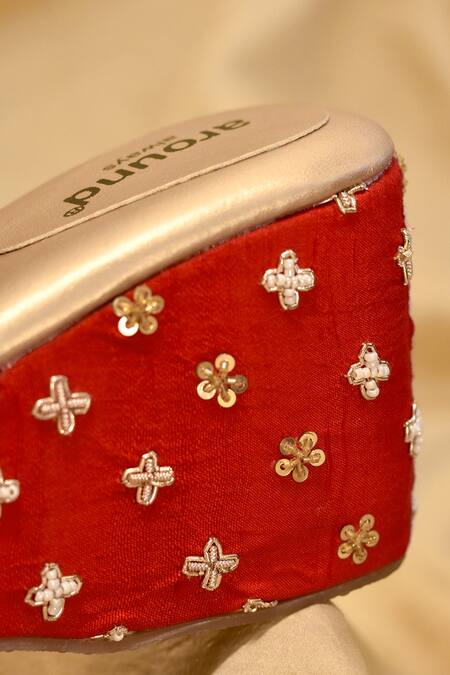 Around Always_Red Zari, Sequins, Embroidery Jhilmil Zardozi And Threadwork Floral Wedges _Online_at_Aza_Fashions