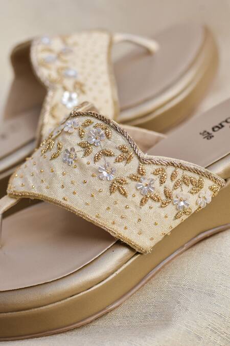 Around Always_Gold Sequins, Embroidery, Beads Juhi And Thread Floral Strap Wedge Slip-ons _Online_at_Aza_Fashions