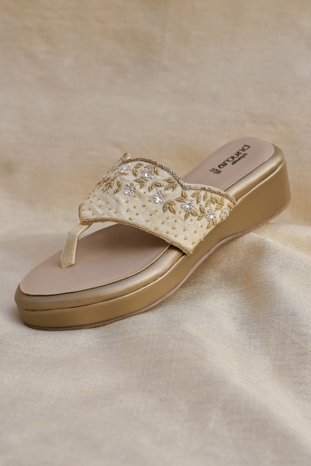 Around Always Gold Sequins, Embroidery, Beads Juhi And Thread Floral Strap Wedge Slip-ons 