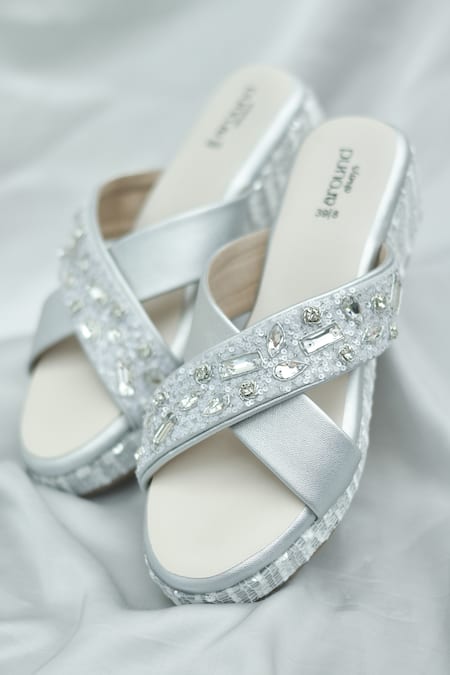 Around Always Silver Sequins, Stones Juliet Cross-strap Slip-on Wedges 