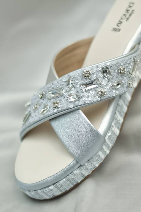 Around Always_Silver Sequins, Stones Juliet Cross-strap Slip-on Wedges _Online_at_Aza_Fashions