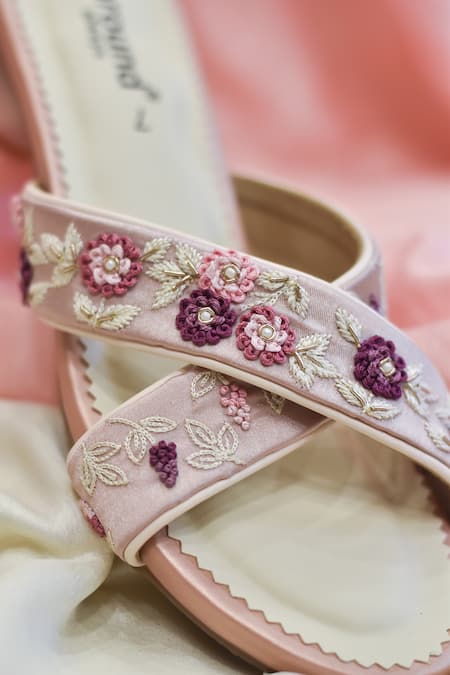 Buy_Around Always_Pink Embroidery, Pearls Kiran Floral Threadwork Crossover Strap Heels _Online_at_Aza_Fashions