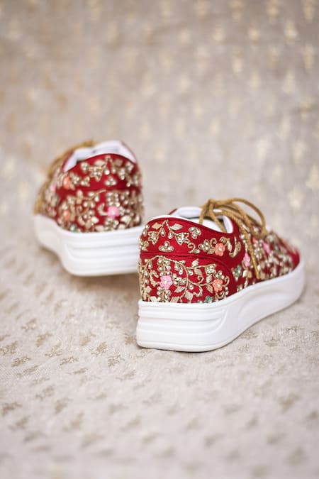 Around Always_Red Mahi Zardosi And Threadwork Embroidered Sneakers _Online_at_Aza_Fashions