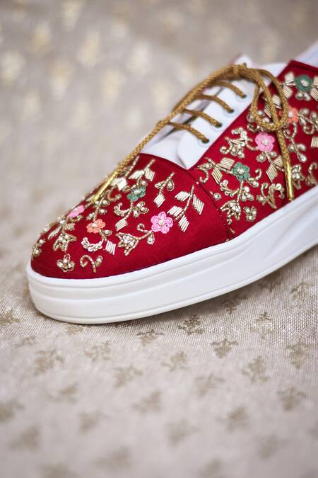 Buy_Around Always_Red Mahi Zardosi And Threadwork Embroidered Sneakers _Online_at_Aza_Fashions