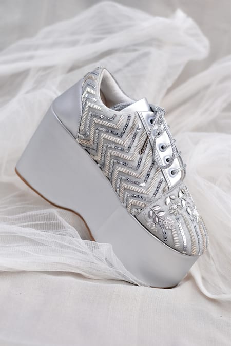 Around Always Silver Melody Geometric Sequin And Glass Bead Sneaker Wedges 