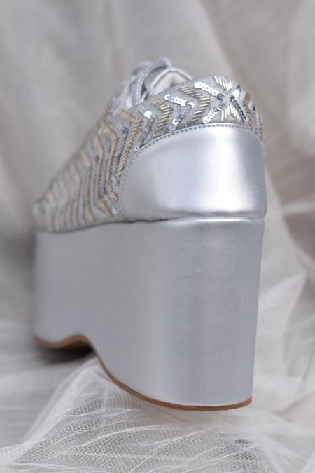 Around Always Silver Melody Geometric Sequin And Glass Bead Sneaker Wedges Online at Aza Fashions Around Always_Silver Melody Geometric Sequin And Glass Bead Sneaker Wedges _Online_at_Aza_Fashions