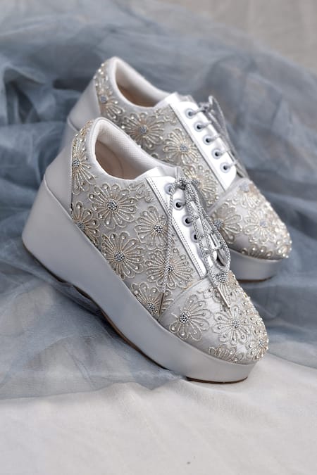 Around Always Silver Moon Beaded Floral Motif Sneaker Wedges 