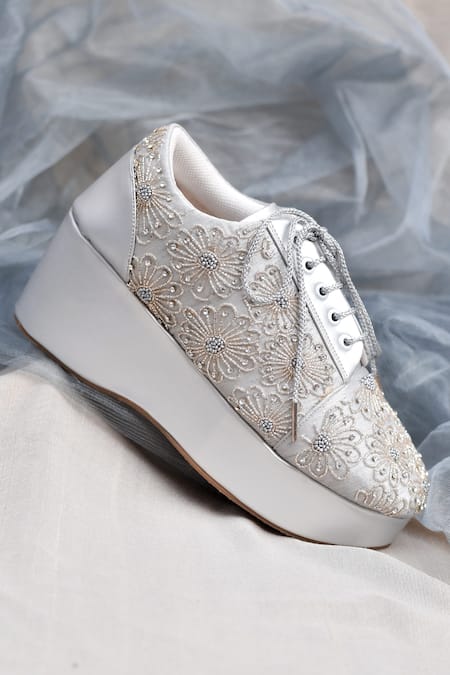 Around Always Moon Beaded Floral Motif Sneaker Wedges 