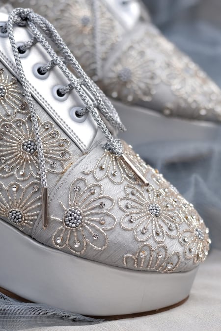 Buy_Around Always_Silver Moon Beaded Floral Motif Sneaker Wedges _Online_at_Aza_Fashions