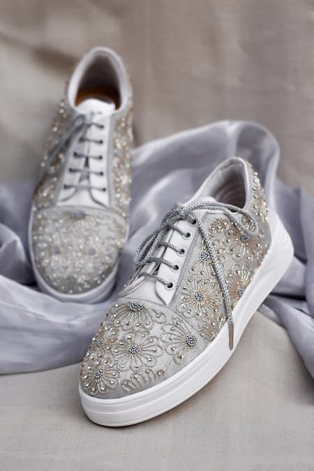 Around Always Silver Moonflower Beaded Floral Motif Lace-up Sneakers 