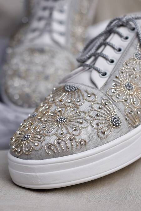 Buy_Around Always_Silver Moonflower Beaded Floral Motif Lace-up Sneakers _Online_at_Aza_Fashions