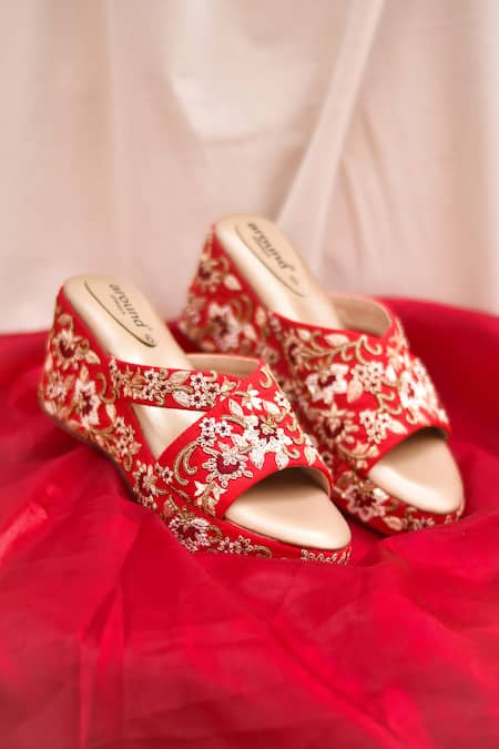 Around Always Red Pearls, Embroidery, Zari, Sequins Naina And Zardozi Wedges 