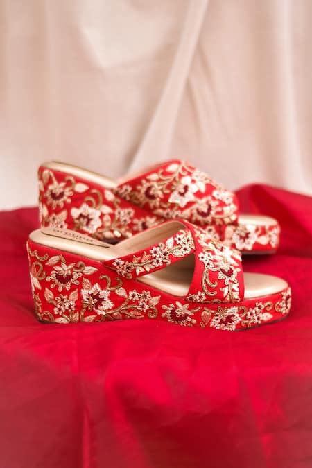 Shop Around Always Red Pearls, Embroidery, Zari, Sequins Naina And Zardozi Wedges at Aza Fashions Shop_Around Always_Red Pearls, Embroidery, Zari, Sequins Naina And Zardozi Wedges _at_Aza_Fashions