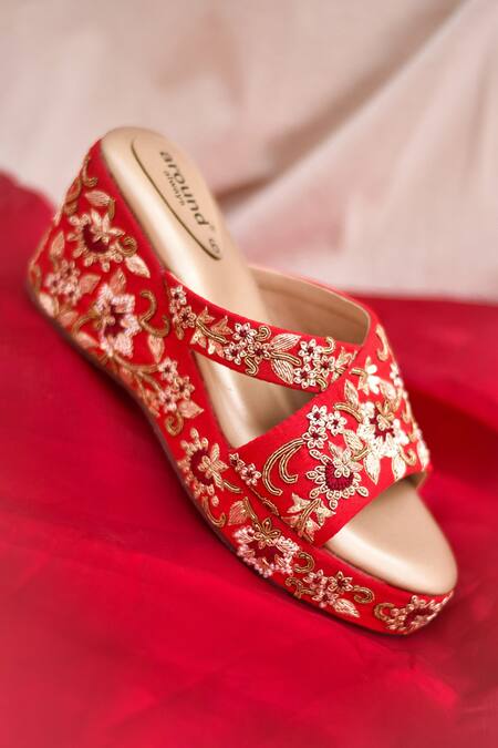 Around Always Red Pearls, Embroidery, Zari, Sequins Naina And Zardozi Wedges Online at Aza Fashions Around Always_Red Pearls, Embroidery, Zari, Sequins Naina And Zardozi Wedges _Online_at_Aza_Fashions