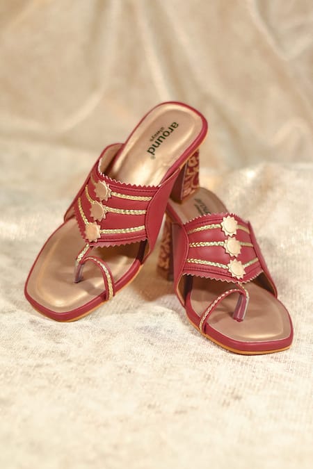Around Always Red Metallic Thread, Studs Ojaswi Block Heels With Gold Rope Straps 
