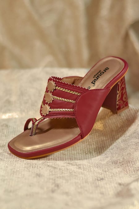 Around Always_Red Metallic Thread, Studs Ojaswi Block Heels With Gold Rope Straps _Online_at_Aza_Fashions