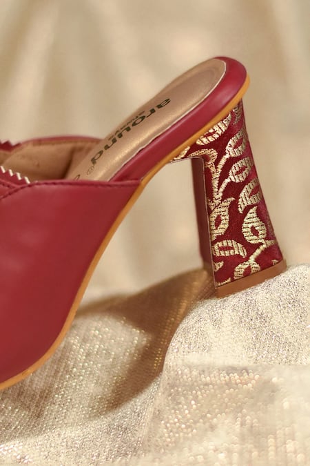 Shop_Around Always_Red Metallic Thread, Studs Ojaswi Block Heels With Gold Rope Straps _Online_at_Aza_Fashions